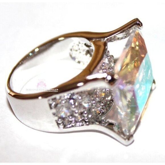 925 Sterling Silver Womens His Presence of God Aurora Borealis Ab Chunky Ring 8 - Picture 4 of 6